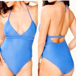 ANDIE SWIM Lagos Horizon Blue Halter V Neck Open Back One Piece Swimsuit NWT